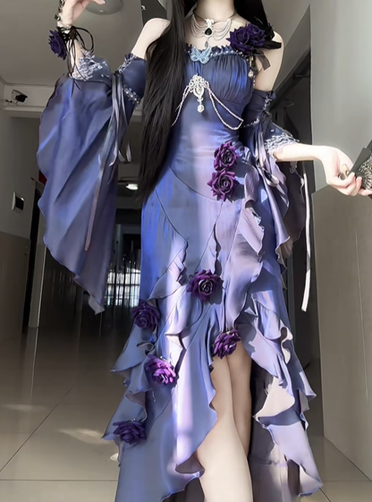 Stunning Purple Mermaid Strap Rose Layered Satin Prom Dress Graduation Ball Gown DP4564