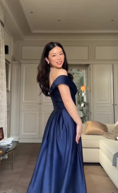 Elegant Navy Blue A Line Off the Shoulder Satin Long Prom Dress DP4368