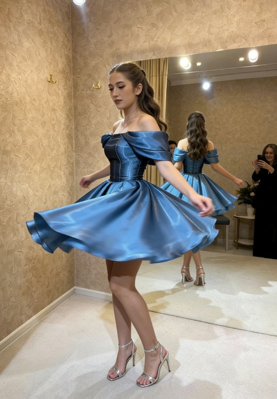 Blue A Line Off the Shoulder Satin Short Prom Dress Homecoming Dress Outfits DP4229