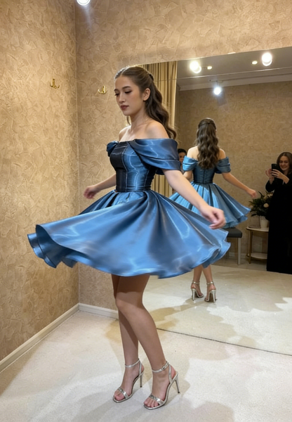 Blue A Line Off the Shoulder Satin Short Prom Dress Homecoming Dress Outfits DP4229