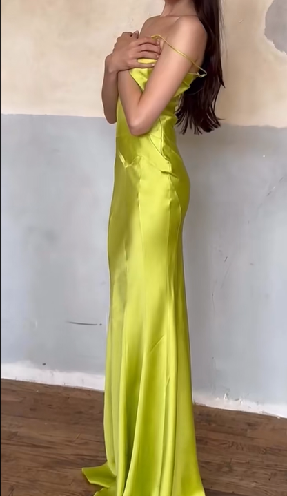 Sexy Green Sheath Spaghetti Strap Simple Satin Prom Dress Evening Dress DP4776