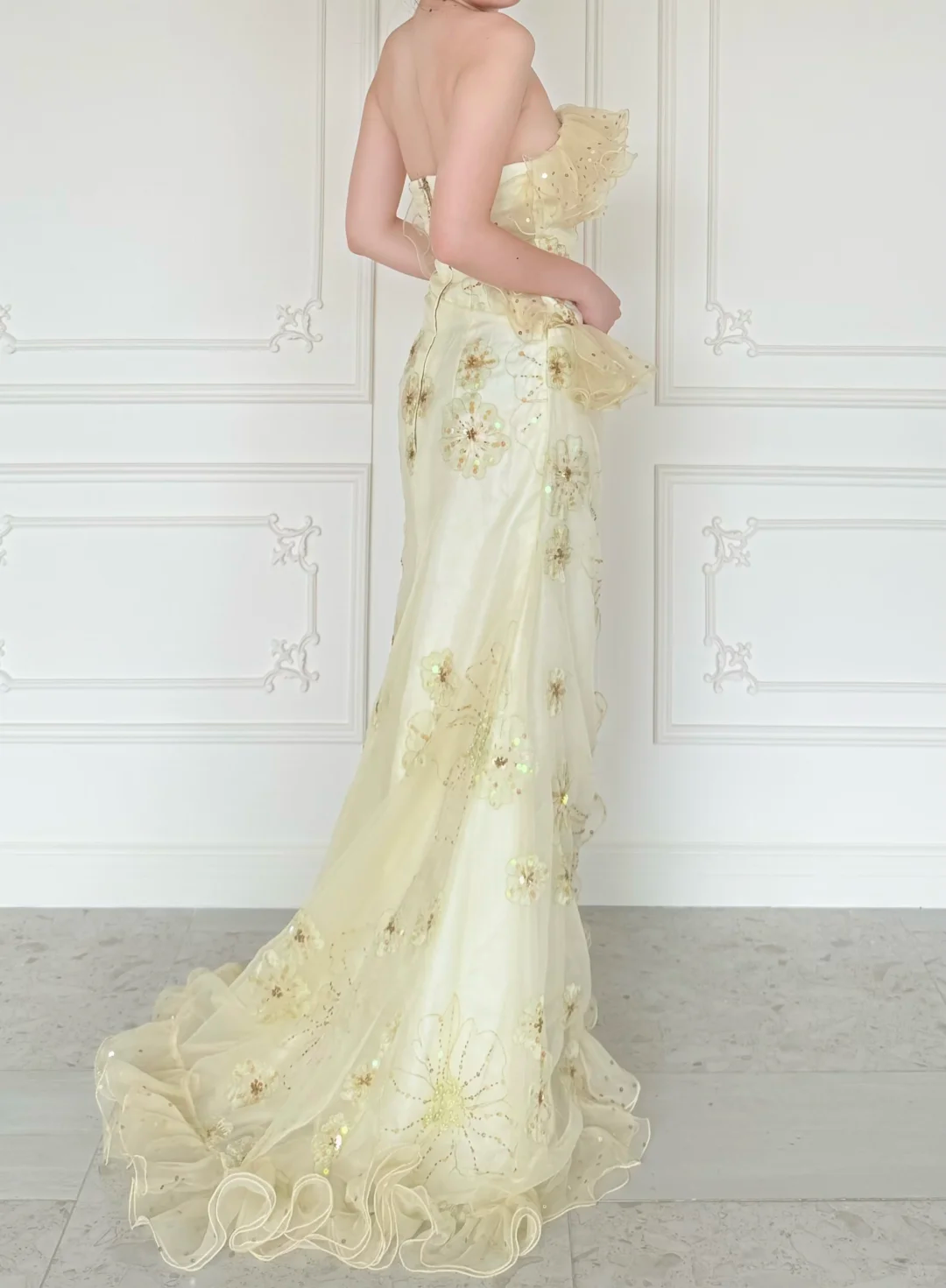Beautiful Sheath Strapless Beaded Yellow Satin Organza Slit Long Prom Dress Evening Dress DP6247