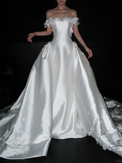 Elegant Ball Gown Off the Shoulder White Appliques Satin Long Train Wedding Dress DP8089