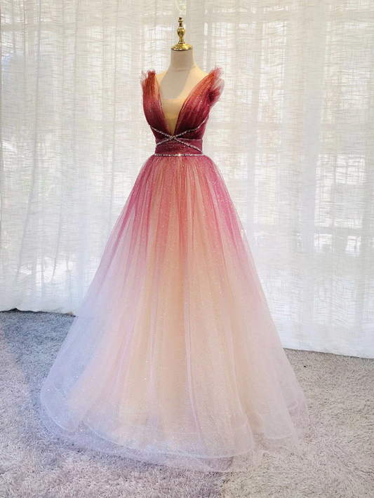 Sparkly Burgundy Tulle Sequin Long Prom Dress Formal Evening Dress DP457
