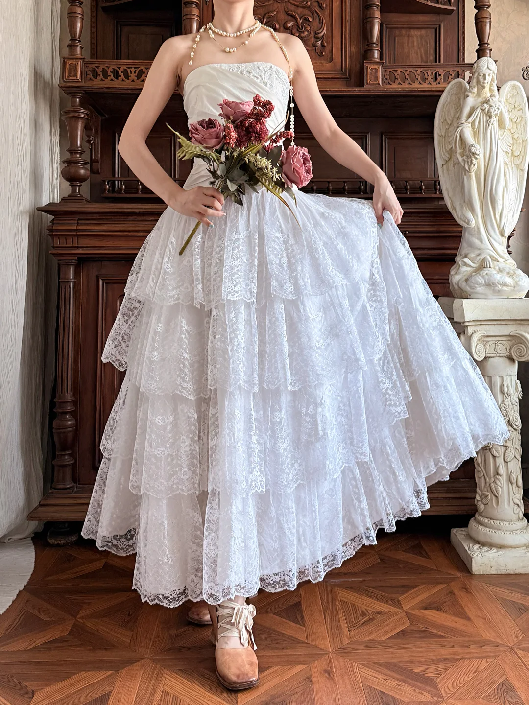 Vintage Princess White A Line Layered Lace Satin Long Prom Dress Evening Dress DP5617