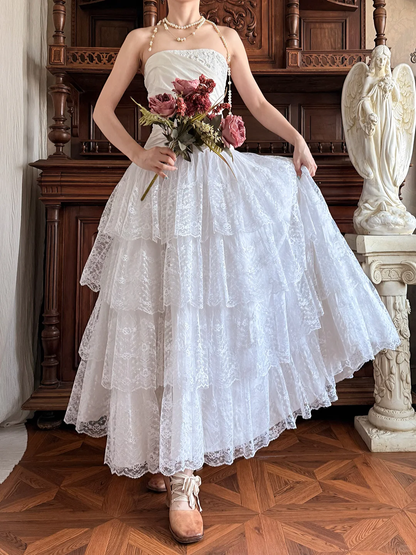 Vintage Princess White A Line Layered Lace Satin Long Prom Dress Evening Dress DP5617