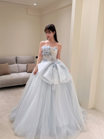 Elegant Light Blue A Line Strapless Floral Bow Tulle Prom Dress DP4708