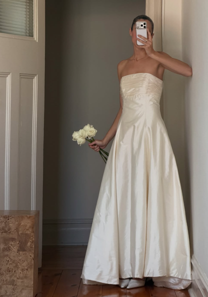 Vintage A Line Strapless Simple Ivory Satin Long Wedding Dress DP7696