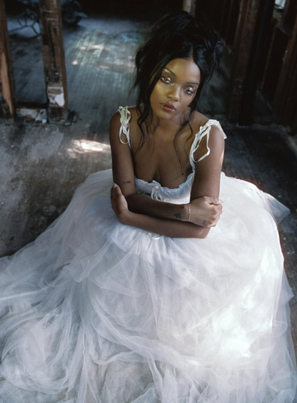 Retro Unique Ball Gown Spaghetti Strap Corset White  Satin Tulle Wedding Dress DP3283