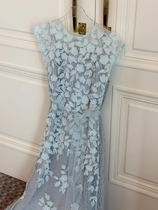 Baby Blue A Line Round Neck Lace Appliques Long Prom Dress Evening Dress DP5948