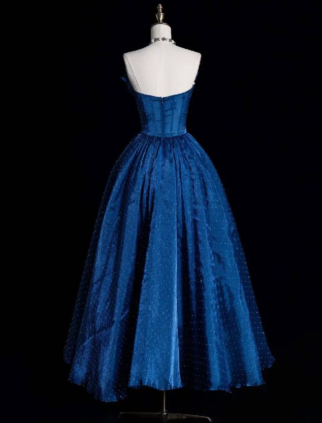Elegant Blue A Line Strapless Beaded Tulle Prom Dress Evening Dress DP4681