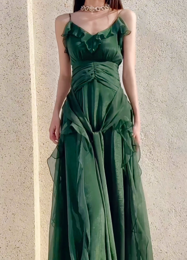 Flowy Dark Green Spaghetti Strap Ruffle Chiffon Prom Dress Evening Dress DP3562