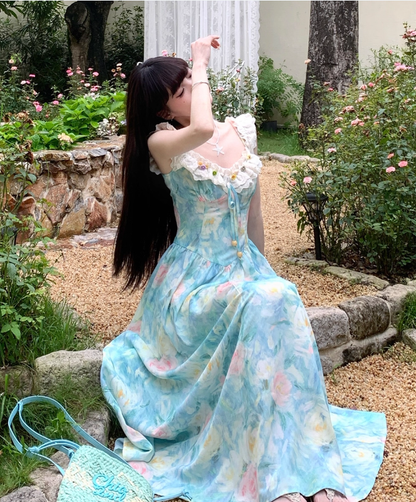 Blue Print Floral A Line Straps Satin Long Evening Dress Party Dress Outfits DP3424