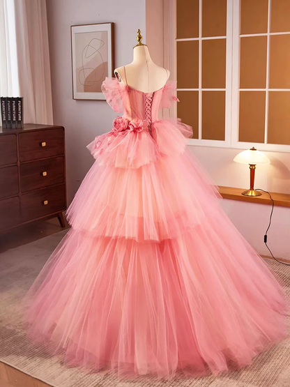 Beautiful Pink Spaghetti Strap Tulle Appliques Long Prom Dress Sweet 16 Dress DP394