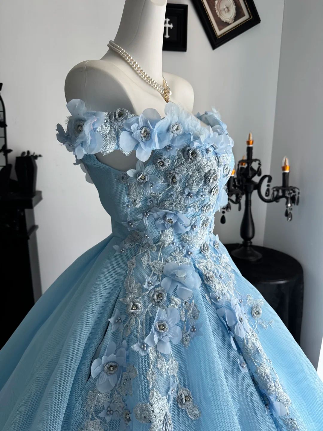 Baby Blue Ball Gown Off the Shoulder Floral Tulle Prom Dress Quinceanera Dress DP6957