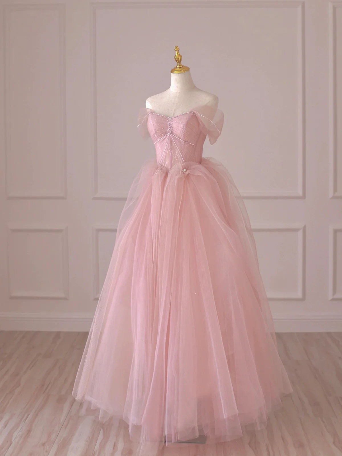 Fairy Pink Tulle Lace Long Prom Dress Off the Shoulder Evening Dress DP309