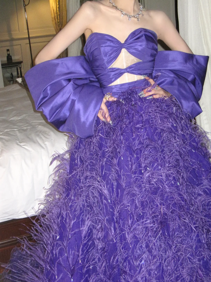 Charming A Line Sweetheart Neck Grape Purple Feather Satin Ball Gown Prom Dress DP2521