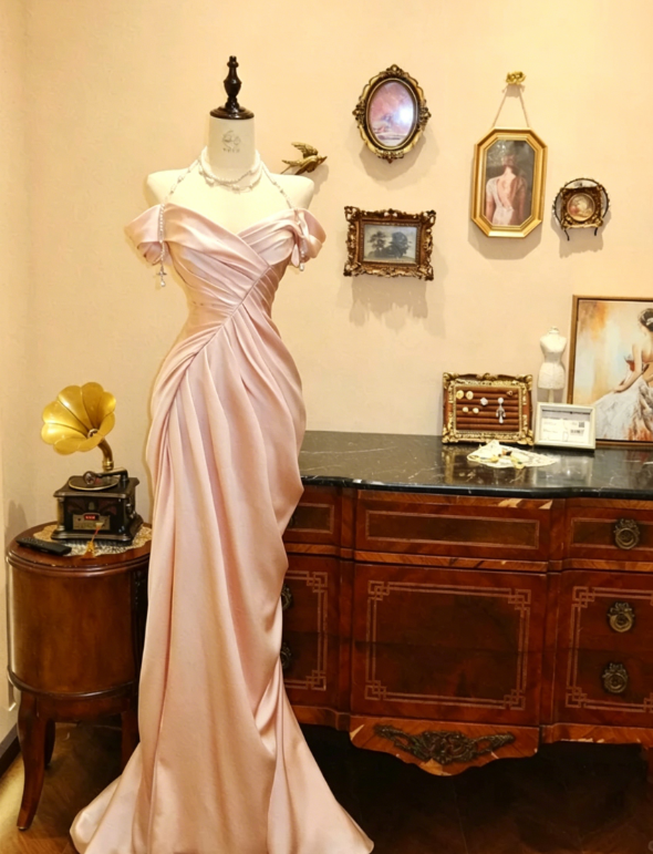 Elegant Mermaid Off the Shoulder Pearl Pleated Satin Prom Dress 21th Birthday Dress DP3917