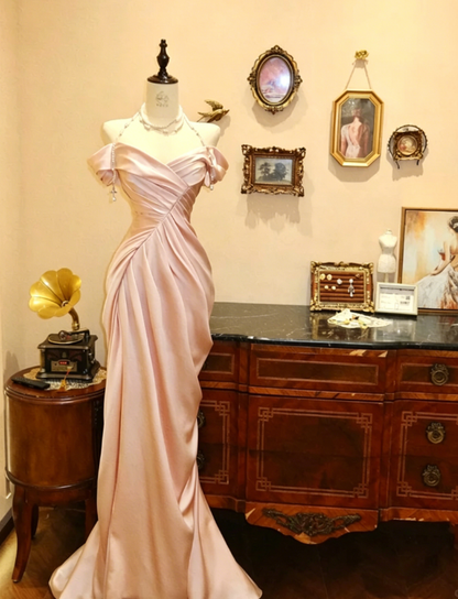 Elegant Mermaid Off the Shoulder Pearl Pleated Satin Prom Dress 21th Birthday Dress DP3917