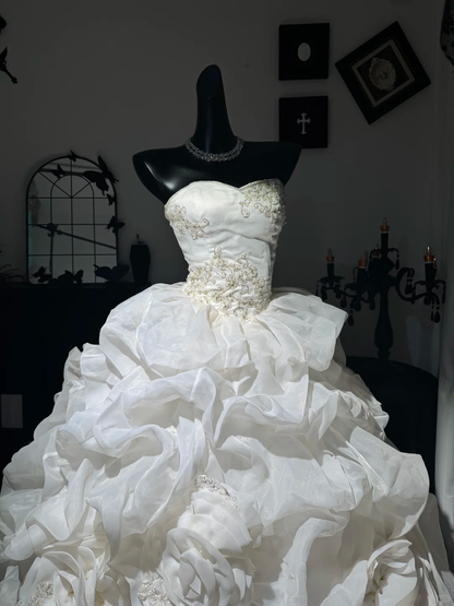 Vintage Ball Gown Strapless Beaded Pleated White Chiffon Prom Dress Quinceanera Dress DP6972