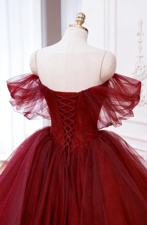 Off The Shoulder Tulle Red Sweet 16 Dress Ball Gown DP346