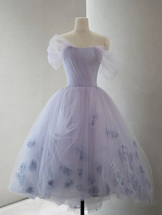 Lavender Off the Shoulder Homecoming Dress Off The Shoulder High Low Flowers Tulle Prom Dress DP283