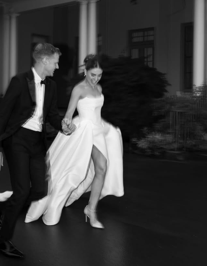 Pretty Ball Gown Strapless White Satin Long Sweep Wedding Dress with Slit DP1649