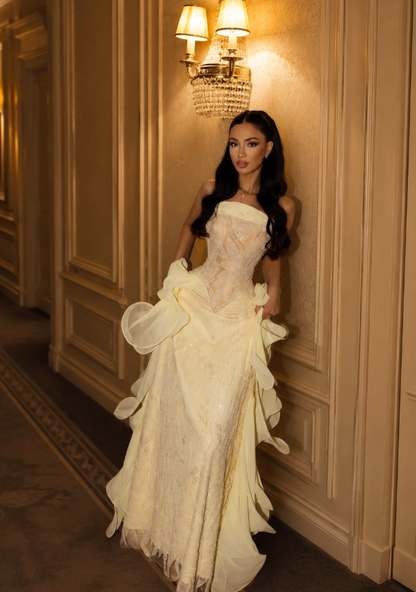 Pretty Yellow A Line Strapless Lace Chiffon Prom Dress Evening Dress DP6812