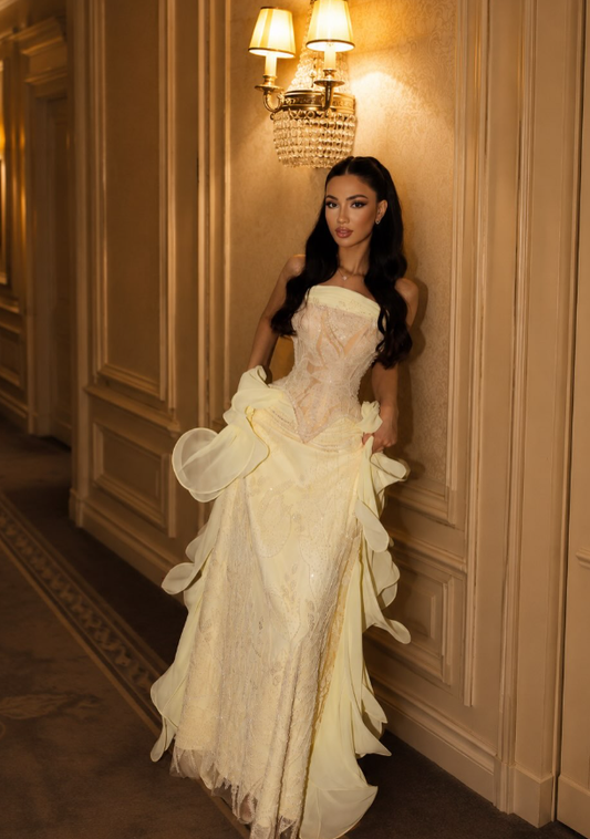 Pretty Yellow A Line Strapless Lace Chiffon Prom Dress Evening Dress DP6812