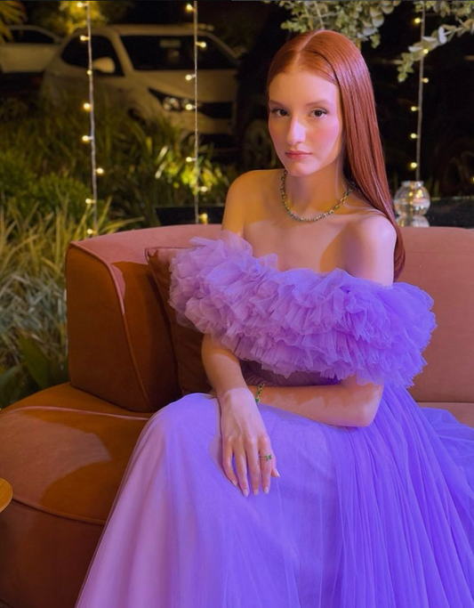 Flowy Purple A Line Off the Shoulder Tulle Long Prom Dress Evening Dress DP6230