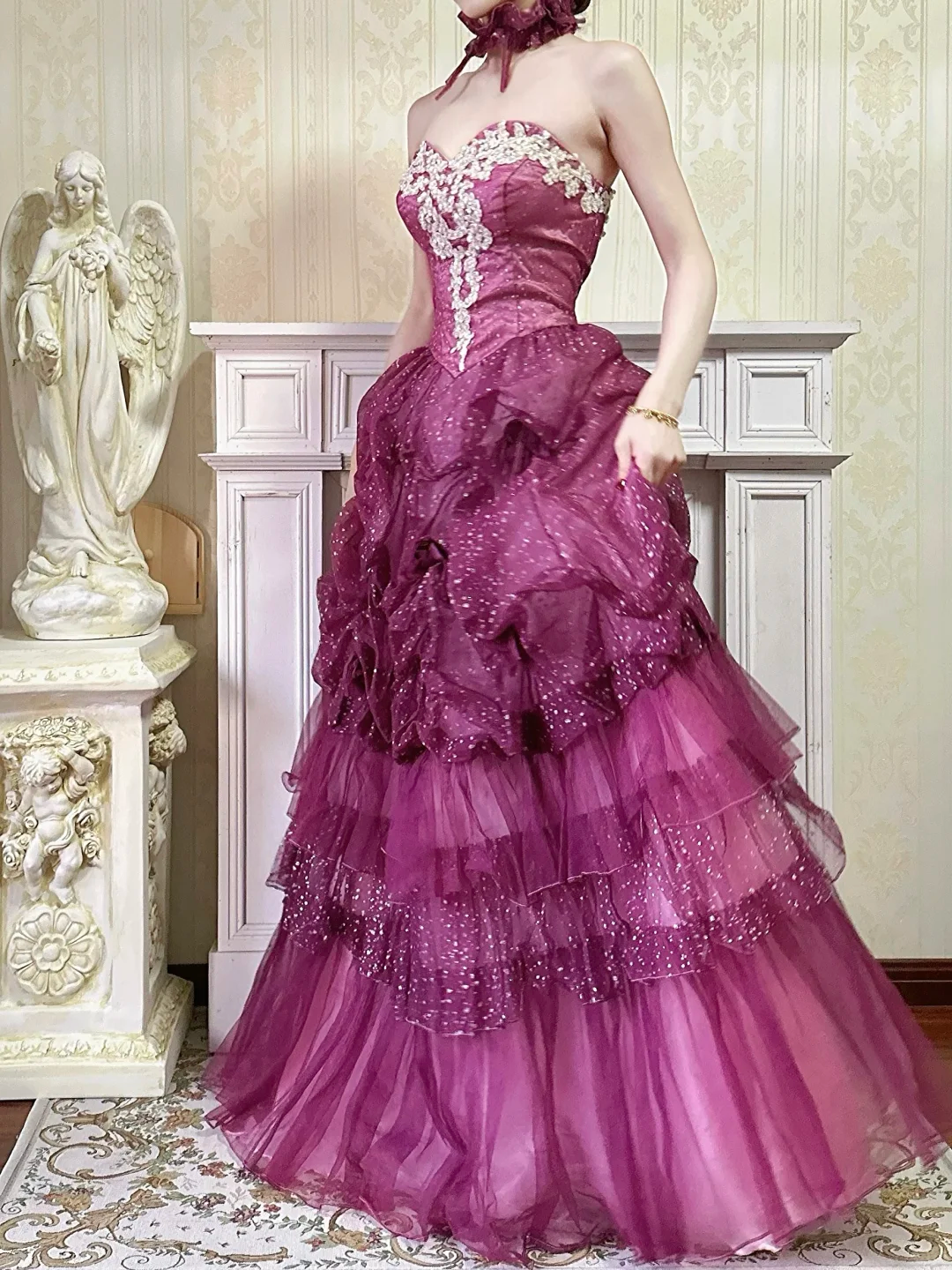 Vintage Purple Sequin Layered Tulle Lace Appliques Prom Dress Party Evening Dress DP5350