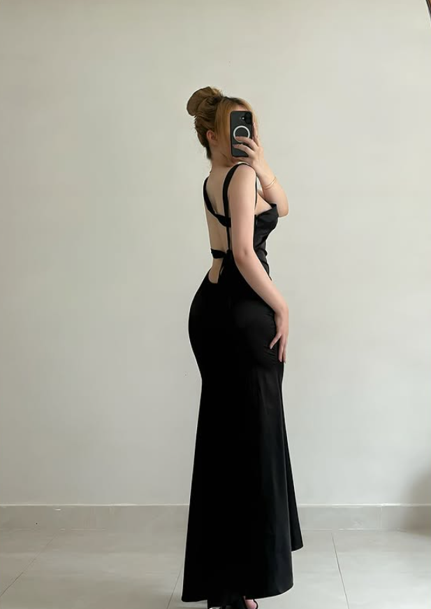 Black Mermaid Straps Satin Backless Long Prom Dress Evening Dress DP6440