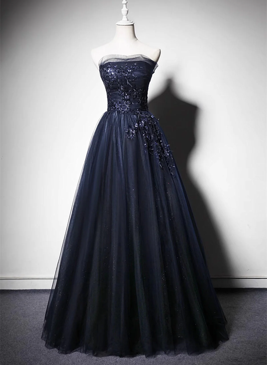 Strapless Navy Blue Tulle Lace Appliques Prom Dress Evening Dress DP381