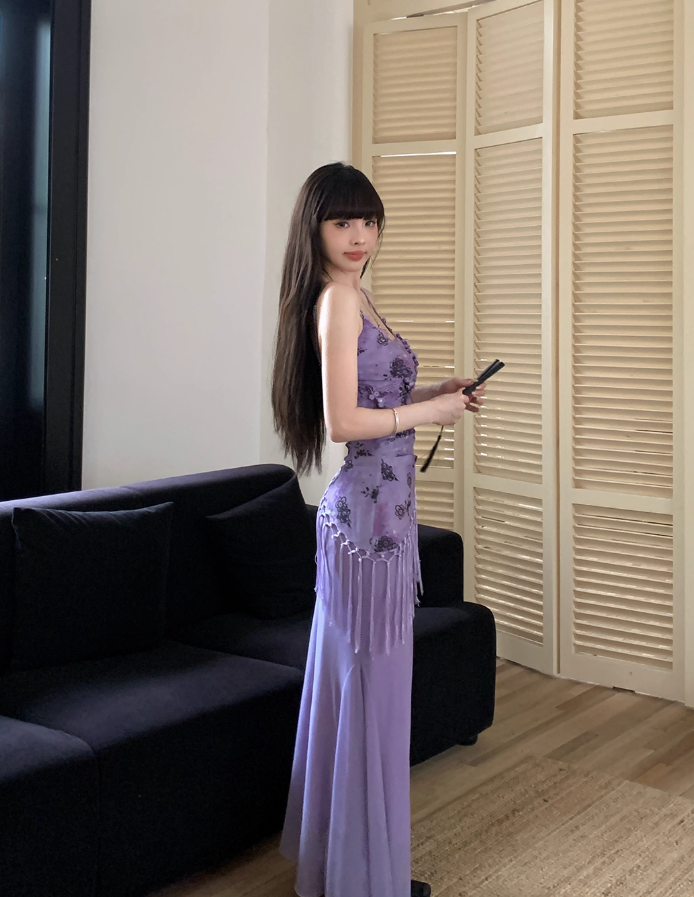 Purple Print Floral Mermaid Spaghetti Straps Chiffon Long Date Dress Party Dress Outfits DP3425