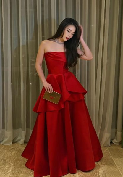 Chamring A Line Strapless Red Satin Long Prom Dress Evening Dress DP6926
