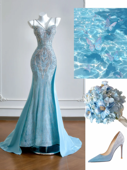 Blue Mermaid Spaghetti Strap Exquisite Beaded Satin Long Prom Dresses DP4185