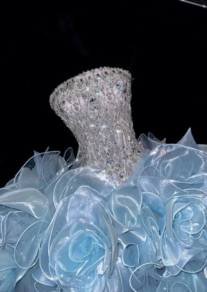 Blue Ball Gown Strapless Exquisite Rhinestone Unique Organza Prom Dress DP4633