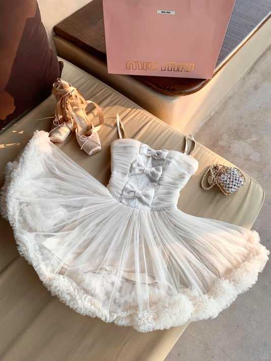 Ivory A Line Strapless Bow Tulle Short Prom Dress Homecoming Dress DP5451