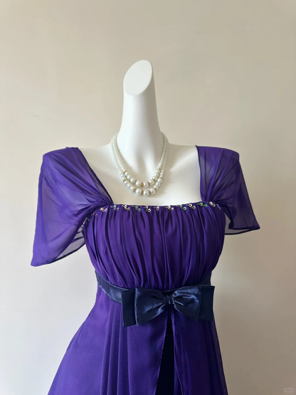 Vintage A Line Straps Beaded Dark Purple Chiffon Prom Dress Outfits DP5013