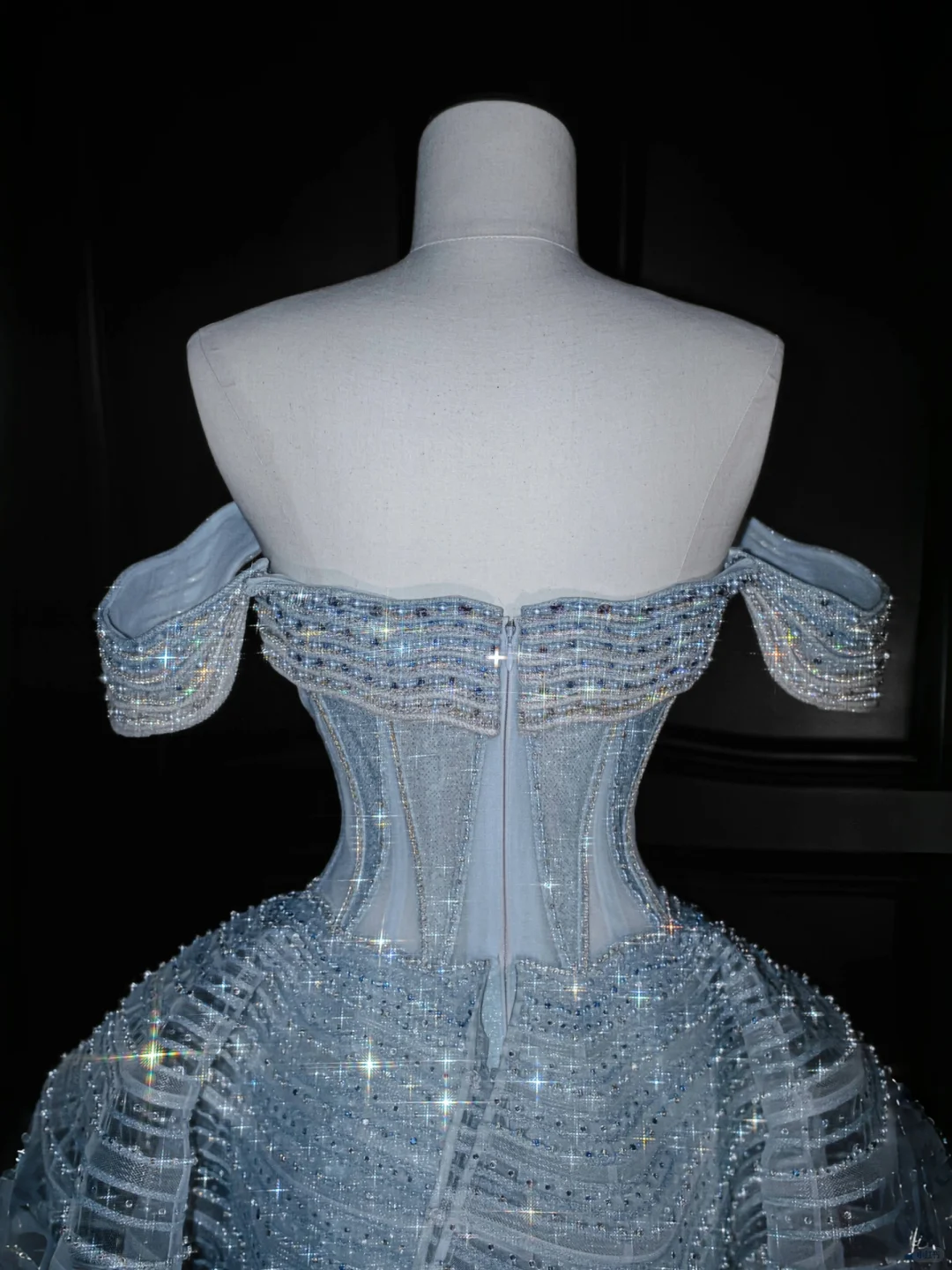 Shiny A Line Off the Shoulder Beaded Blue Organza Long Prom Dress Evening Dress DP2651