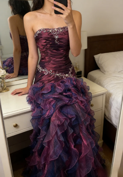 Vintage Grape A Line Strapless Appliques Ruffle Organza Long Prom Dress DP5040