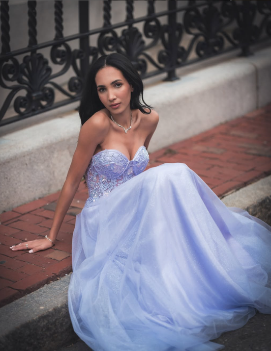 Lilac A Line Sweetheart Neck Corset Appliques Tulle Long Prom Dress Evening Dress DP1580