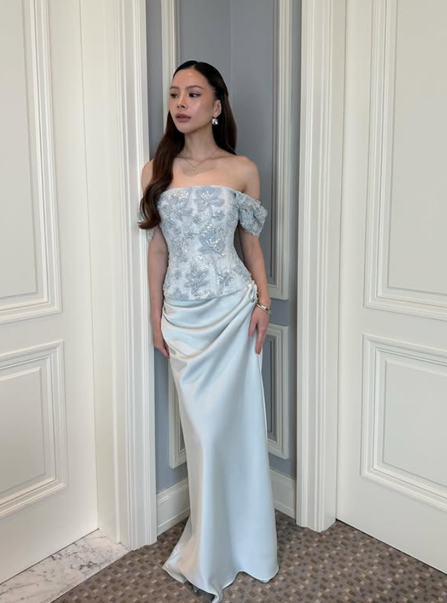 Baby Blue Two Piece Sheath Strapless Beaded Appliques Satin Prom Dress Evening Dress DP5777