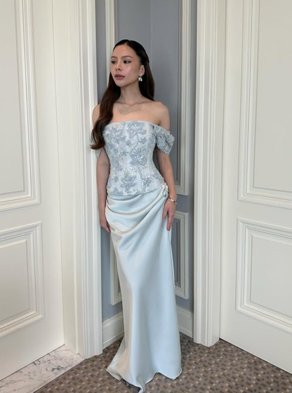 Baby Blue Two Piece Sheath Strapless Beaded Appliques Satin Prom Dress Evening Dress DP5777