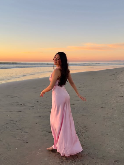Pink Mermaid Halter Satin Open Back Prom Dress Evening Dress Vacation Dress DP5609