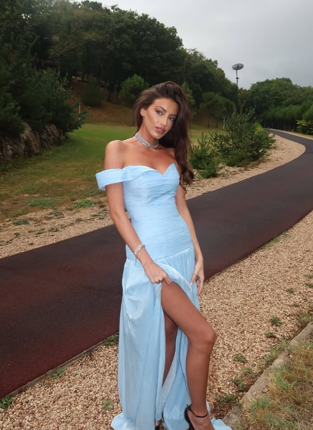 Gentle Blue A Line Off the Shoulder Satin Long Prom Dress with Slit DP4369