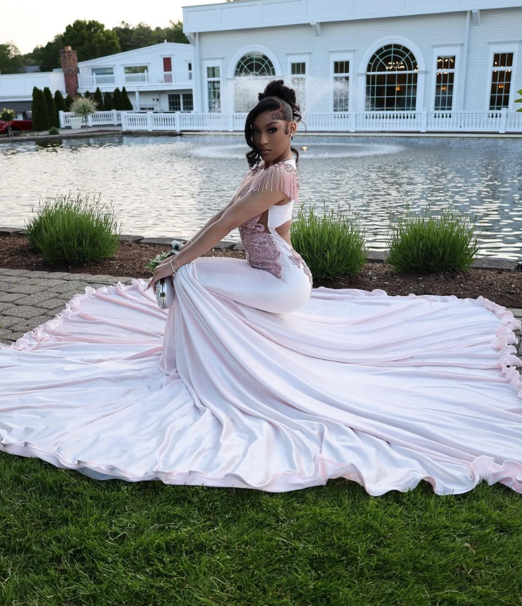 Gorgeous Mermaid V Neck Beaded Pink Satin Long Sweep Prom Dress Evening Dress DP1691