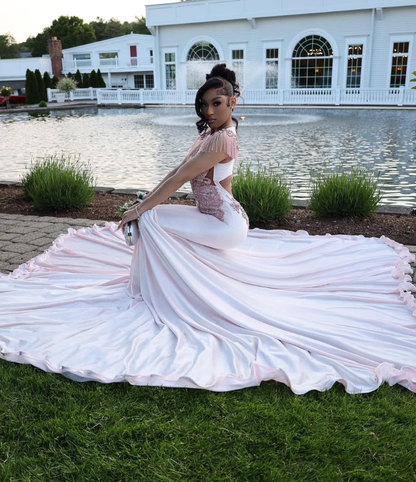Gorgeous Mermaid V Neck Beaded Pink Satin Long Sweep Prom Dress Evening Dress DP1691