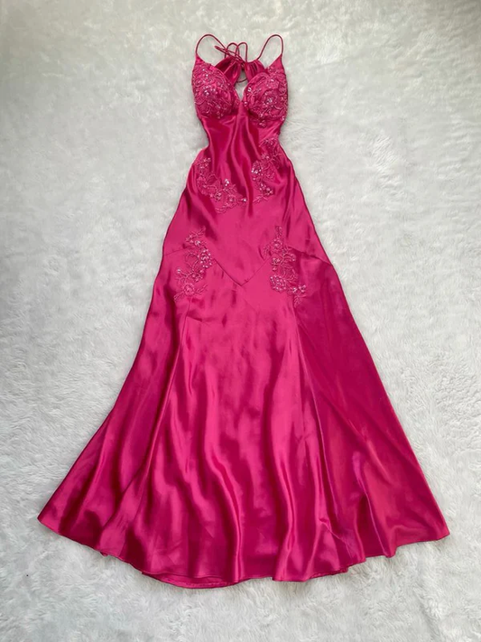 Hot Pink Satin Beaded Backless Prom Dress Sexy Evening Gown  DP657