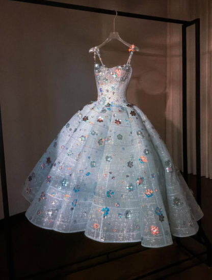 Dreamy Baby Blue Ball Gown Spaghetti Straps Exquisite Beaded Tulle Prom Dress Quinceanera Dress DP6607